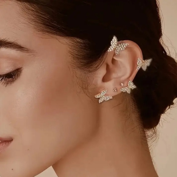 CZ Diamond‎ Butterfly Gold Plated Ear Cuff Earrings Climbers LAST PAIR - Picture 1 of 12